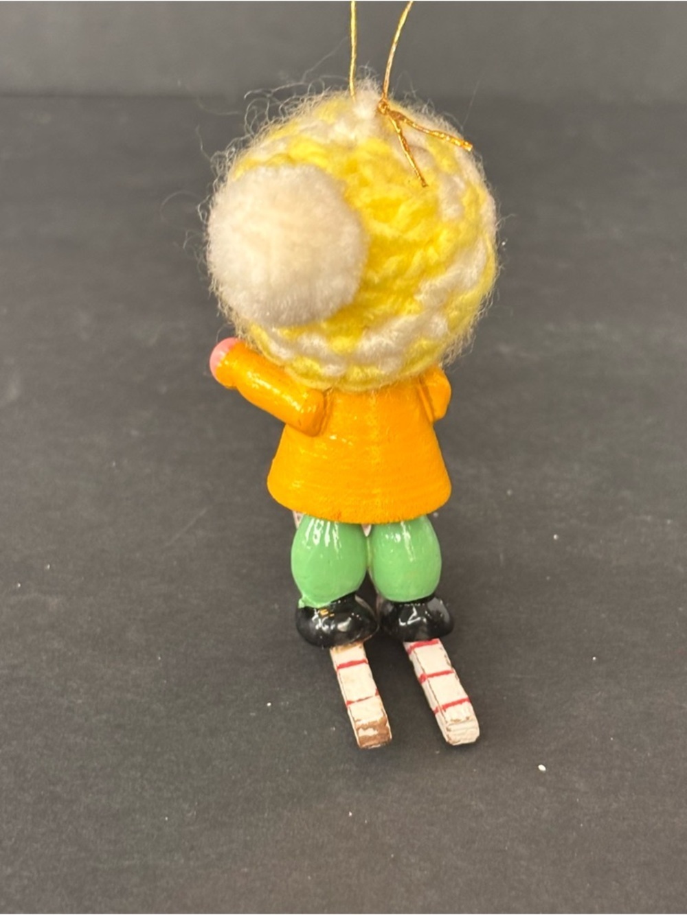 Wood Figure on Skies Christmas Figurine Skier Crochet Hat Vintage 3” Ornament - Picture 3 of 8